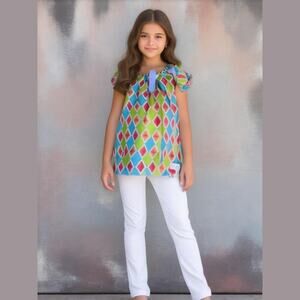 Baby and Me Girls Top Size 7 8 Puff Sleeves Diamond Print Fleur De Lis Blouse